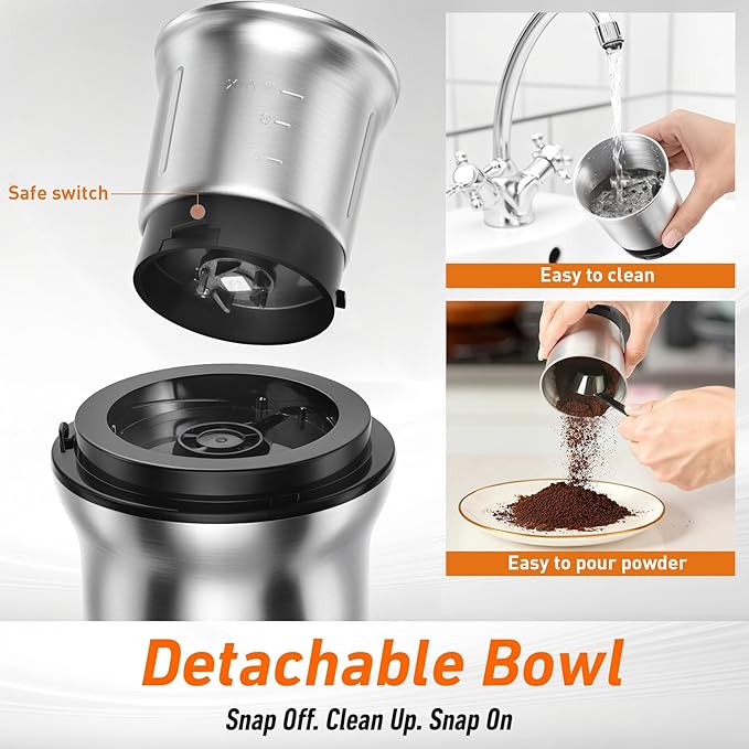 Secura Electric Coffee Grinder and Spice Grinder with Stainless Steel Blades, 1 Removable Bowl, Stainless