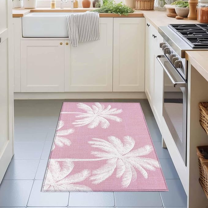 Area Rug 2x3ft, Boho Pink Palm Trees Vintage Washable Rugs for Living Room Bedroom, Summer Tropical Leaves Soft Non-Slip Area Rugs Rectangle Floor Carpet for Dining Room