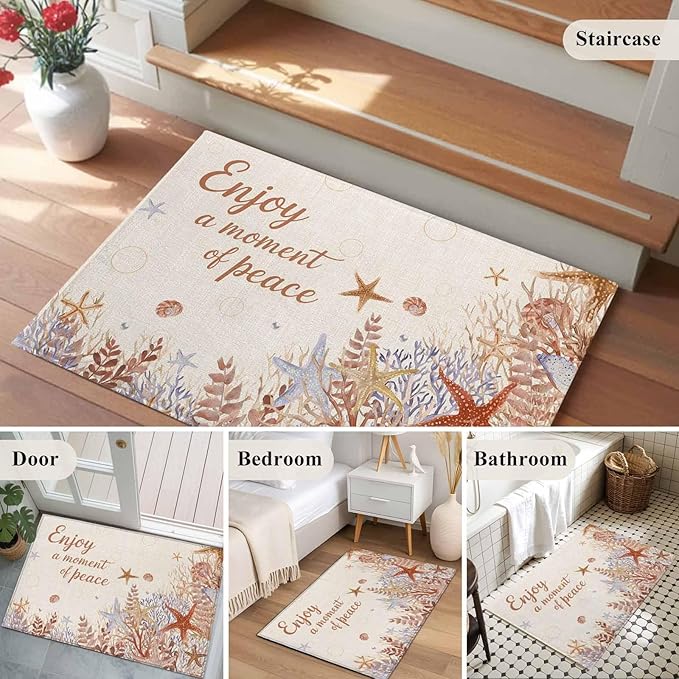 Area Rug 2x3ft, Orange Marine Starfish Coral Seaweed Washable Rugs for Living Room Bedroom, Peace Quote on Linen Soft Non-Slip Area Rugs Rectangle Floor Carpet for Dining Room
