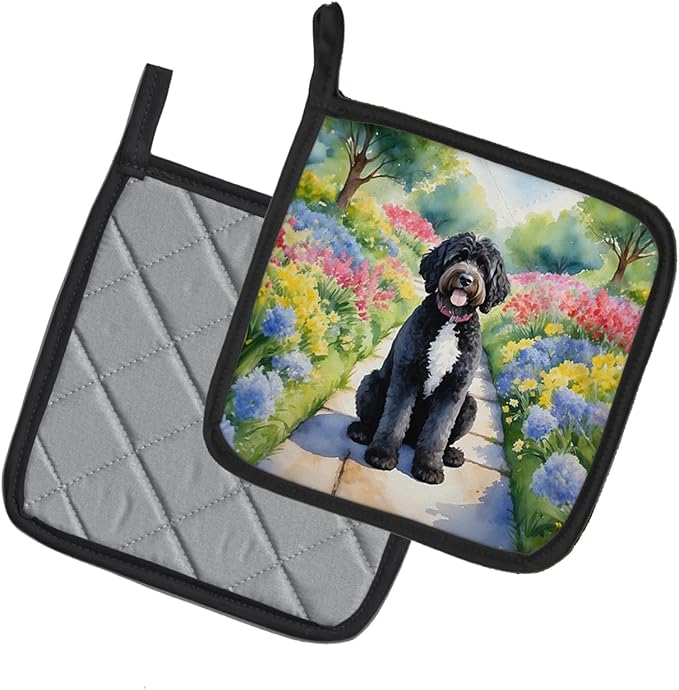 Caroline's Treasures Portuguese Water Dog Spring Path Pair of Pot Holders Kitchen Heat Resistant Pot Holders Sets Oven Hot Pads for Cooking Baking BBQ, 7 1/2 x 7 1/2
