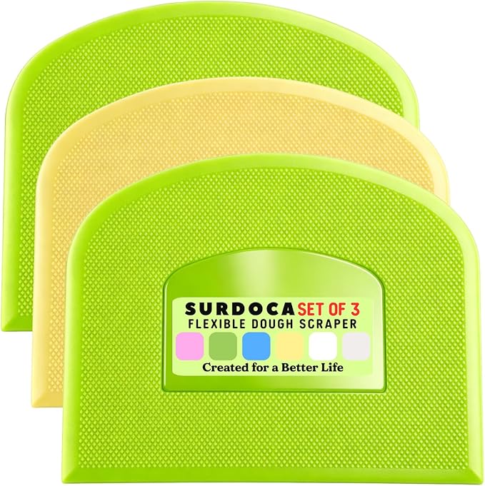 SURDOCA Dough Scraper Bench Scraper - 3P 4.7x3.7" Plastic Flexible Bowl Scraper, Sharp Edge & Angles Cake Scraper. Non-Slip Bakeware Decorating Tools Sculpting & Modeling Tools - Green+Yellow+Green