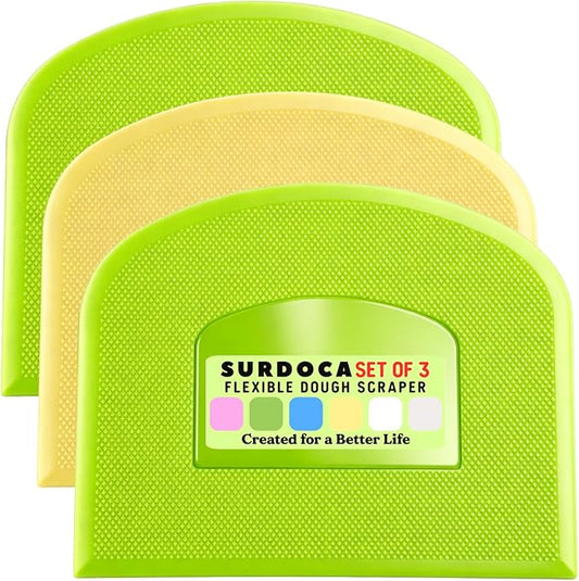 SURDOCA Dough Scraper Bench Scraper - 3P 4.7x3.7" Plastic Flexible Bowl Scraper, Sharp Edge & Angles Cake Scraper. Non-Slip Bakeware Decorating Tools Sculpting & Modeling Tools - Green+Yellow+Green