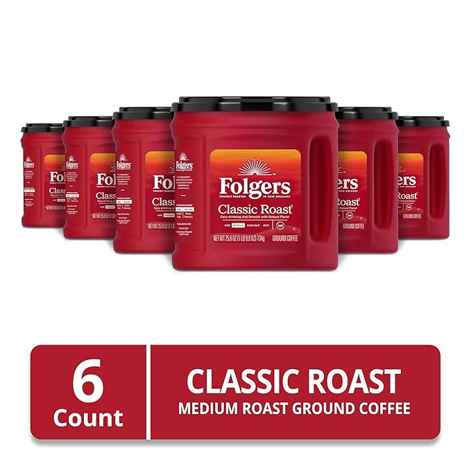 Folgers Classic Roast Ground Coffee, Medium Roast, 25.9 Oz. Canister (Pack of 6)