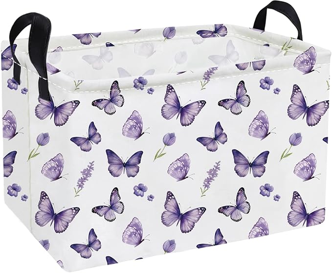 Essme Rectangular Kids Baskets,Butterfly Storage Box,Cute Basket for Kids with Handles for Room Decor, Book Bins.(Purple butterfly)