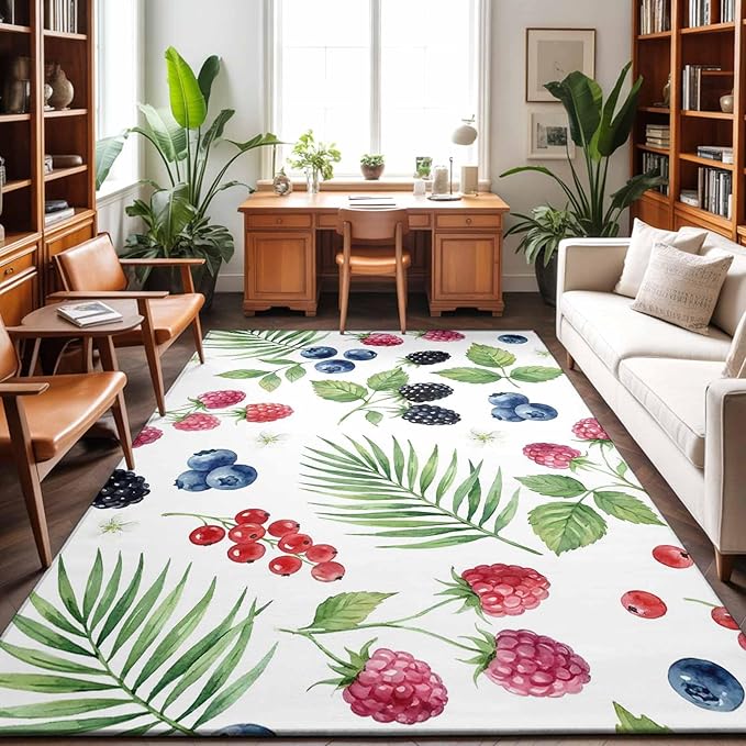 Area Rug 3x5ft, Farm Fruit Berry Cherry Blueberry Washable Rugs for Living Room Bedroom, Watercolor Mulberry Leaves Soft Non-Slip Area Rugs Rectangle Floor Carpet for Dining Room