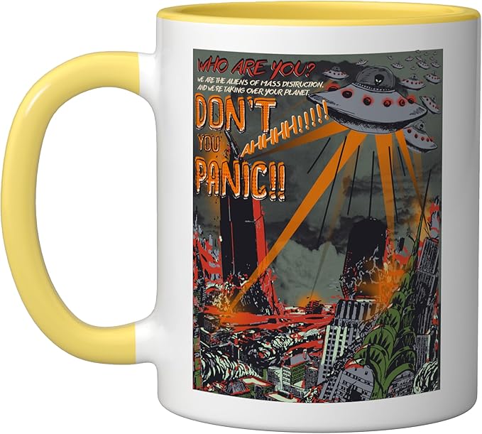UFO Flying Saucer Invasion 1950s Sience Fiction Abduction Ceramic Mug, Yellow/White