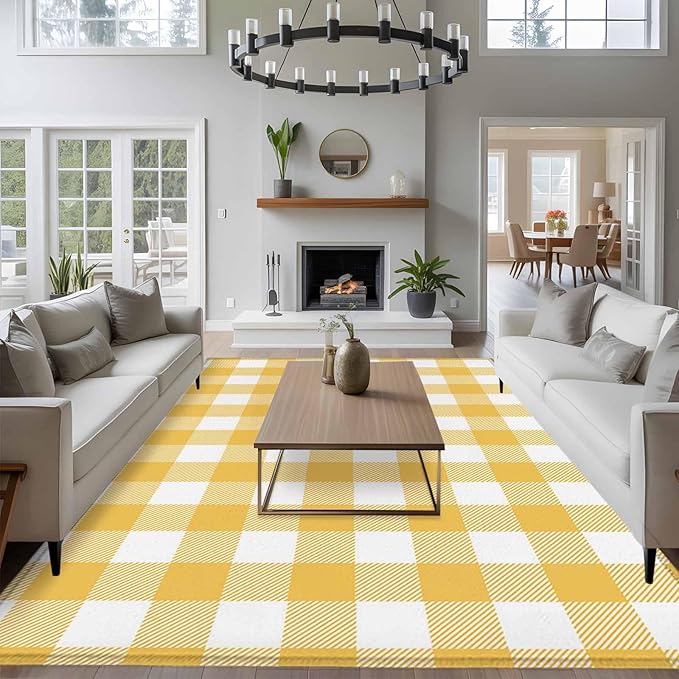 Area Rug 6x9ft, Rustic Country Yellow and White Buffalo Lattice Checked Washable Rugs for Living Room Bedroom, Farm Style Soft Non-Slip Area Rugs Rectangle Floor Carpet for Dining Room