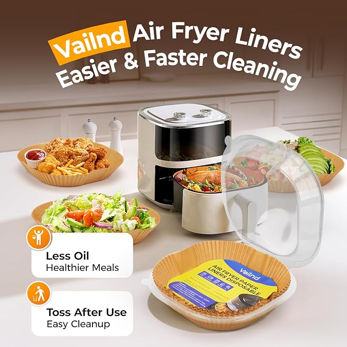 Vailnd Air Fryer Liners Disposable, 150 Pcs 8" Unbleached Parchment Paper Sheets Square, Heavy-duty Baking Paper Liner for Air Fryers Cooking Oven Steamer, Non-Stick, Grease-Resistant