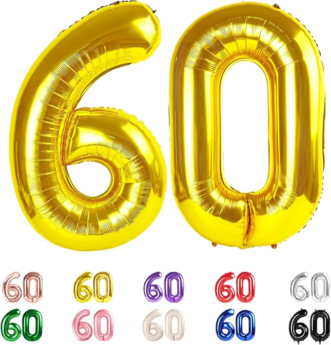 60 Balloon Numbers, Happy 60th Birthday Decorations for Men Women, Gold Number 60 Balloons Party Decorations for Wedding, Celebration Party, Graduations