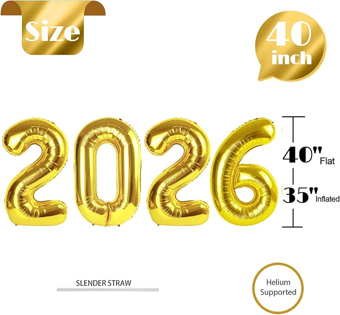 2026 Balloon Numbers - 40 Inch Gold New Years Eve Party Supplies 2026, Nye Decor Party Decorations Happy New Year, New Years Eve Foil Party Balloons, Graduation Party Decorations