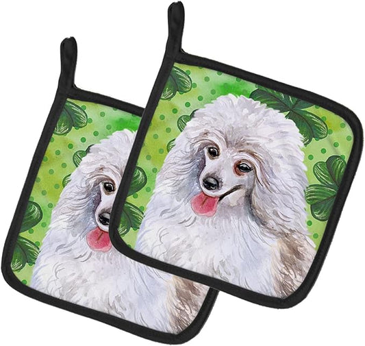 Caroline's Treasures BB9857PTHD Medium White Poodle St Patrick's Pair of Pot Holders, Green Kitchen Heat Resistant Pot Holders Sets Oven Hot Pads for Cooking Baking BBQ, 7 1/2 x 7 1/2