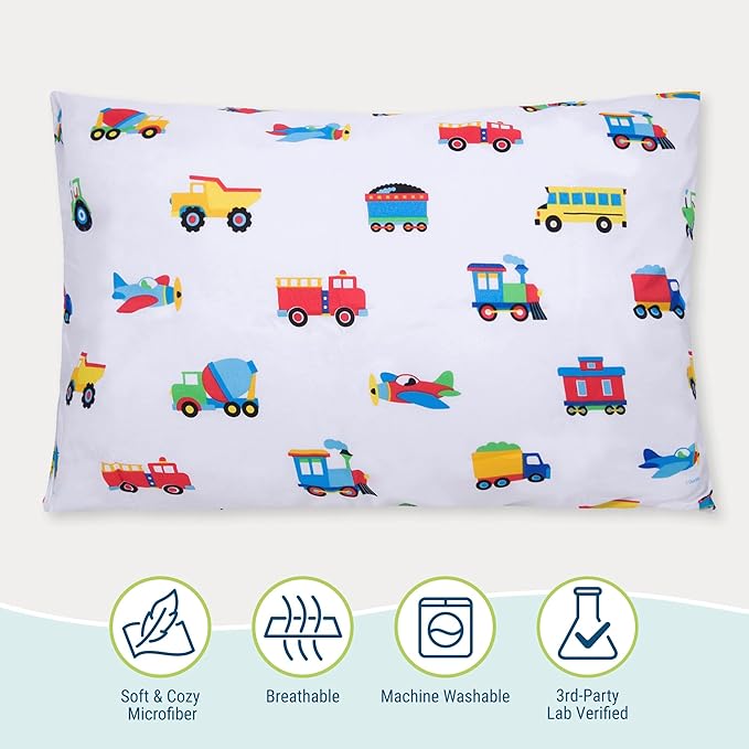 Wildkin Kids Microfiber Standard Pillowcase – Soft & Breathable Pillow Cover - Trains, Planes and Trucks