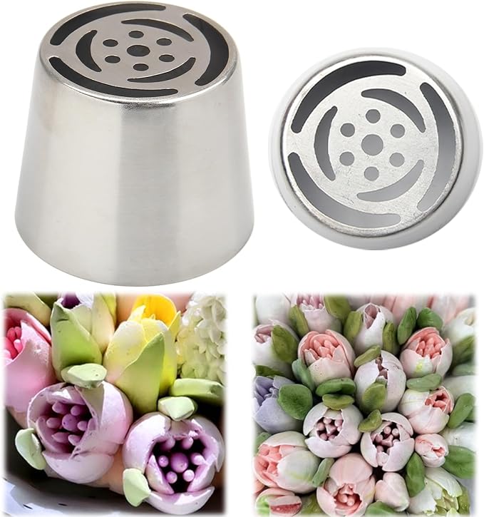Extra Large Russian Piping Tip Set - 6 Stainless Steel Marshmallow Buttercream Framing Nozzles for 3D Roses Tulip Cake Decorations and Marshmallow Bouquets, Includes 1 Cleaning Brush(6D)