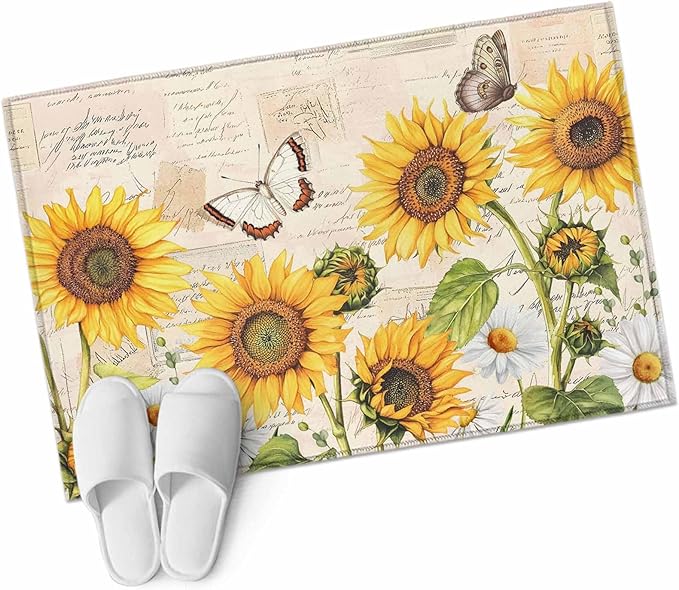 Sunflower Farmhouse 2x3 Door Mat Rug, Retro Floral Butterflies Non-Skid Rubber Backing Large Rectangle Rugs - Living Room Bedroom Home Office, Spring Summer Indoor Floor Mat Carpets Washable Rug