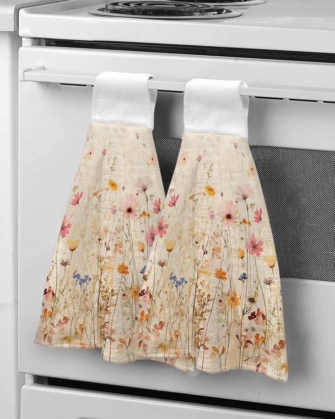 Alandar Home Kitchen Tie Towel Set of 1, Watercolor Natural Flower Art Absorbent Soft Hand Towels for Bathroom Hanging Towels, Retro Floral Leaves on Burlap Fast Drying Cleaning Cloth with Loop