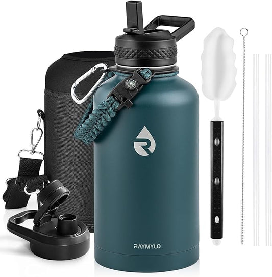 RAYMYLO Insulated Water Bottle 64 oz, Triple Wall Vacuum Stainless Steel (Cold for 48 Hrs), Leak Proof & Non-BPA, Half Gallon Water Flask Jug with Paracord Handle & Straw Spout Lids, Dark Green