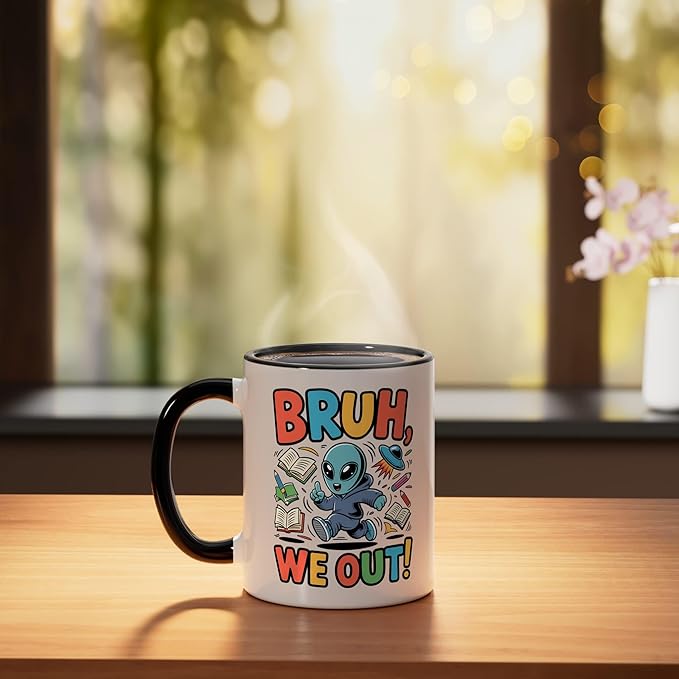 Bruh We Out Alien - Funny Last Day of School UFO Ceramic Mug, Black/White