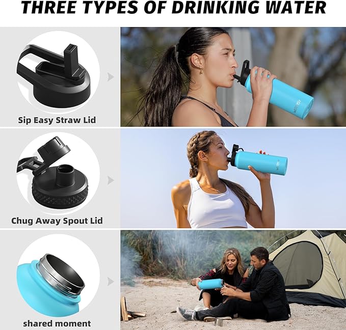40oz Insulated Water Bottle (Cold for 48 Hrs),BPA Free&Leak Proof,Stainless Steel Water Flask,Water Jug with Straw Spout Lids for Gym,Hiking,Travel,Sky Blue