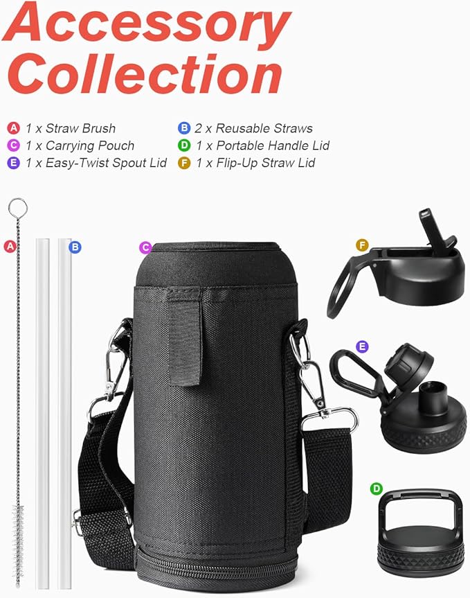Water Bottle 32 oz Insulated with Straw, Coolflask Stainless Steel Metal 3 Lids Water Flask Wide Mouth for Sports or Office, Non-BPA Keep Cold Up to 48 Hrs or Hot Up to 24 Hrs, Samurai Cyan