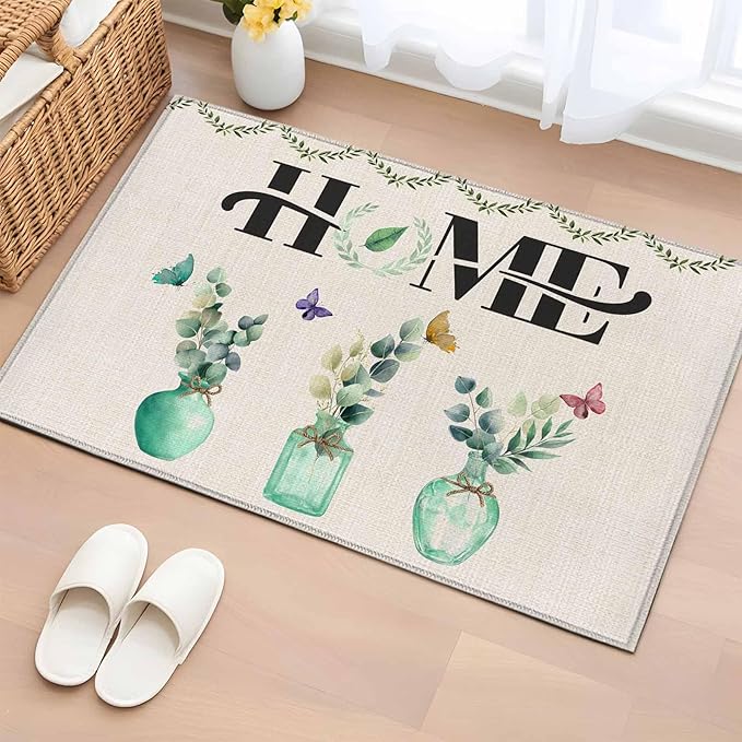 Area Rug 2x3ft, Rustic Home Text Eucalyptus Leaf Washable Rugs for Living Room Bedroom, Farmhouse Butterfly Retro Linen Soft Non-Slip Area Rugs Rectangle Floor Carpet for Dining Room