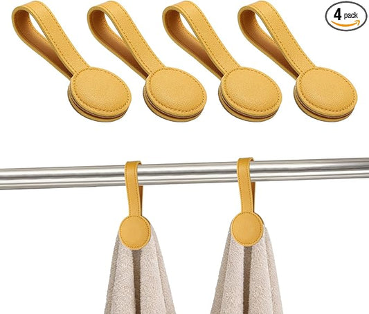 uxcell 4 Pcs Kitchen Magnetic Towel Clips, Leather Towel Holder Clip Multi-Purpose Hand Hooks Kitchen Accessories for Oven Handles Bars Racks, Yellow