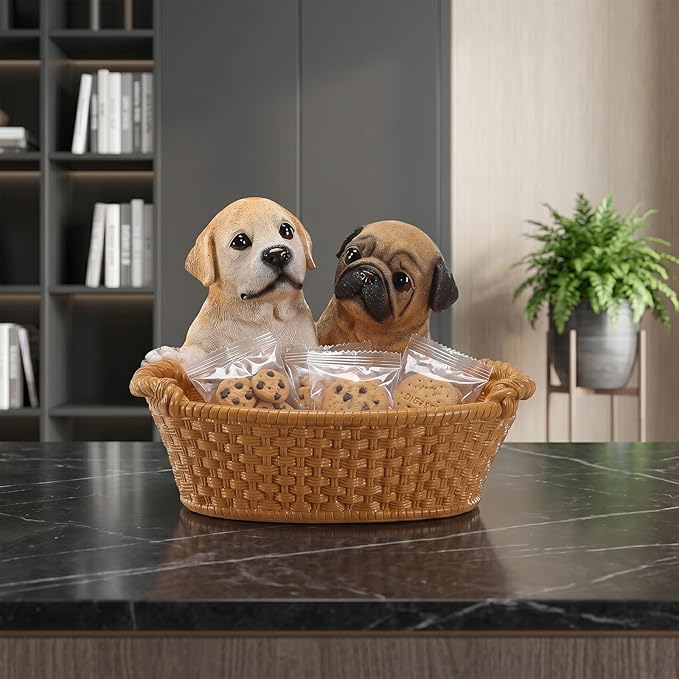 Resin Labrador & Pug Desktop Storage Basket, Decorative Catchall Bowl & Key Tray for Entryway Table, Cute Dog Statue Organizer, Pet Lover Gift