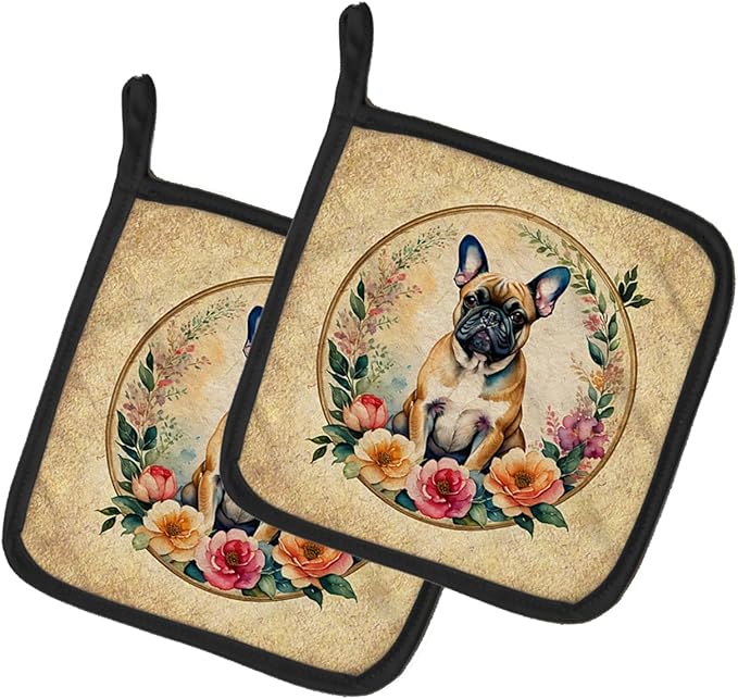 Caroline's Treasures Fawn French Bulldog and Flowers Pair of Pot Holders Kitchen Heat Resistant Pot Holders Sets Oven Hot Pads for Cooking Baking BBQ, 7 1/2 x 7 1/2