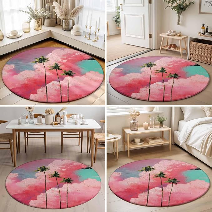 Washable Round Area Rug Summer Dreamy Pink Cloud Circle Rugs Floor Carpet for Living Room Bedroom, Watercolor Tropical Palm Tree Soft Non Slip Round Rug 3ft