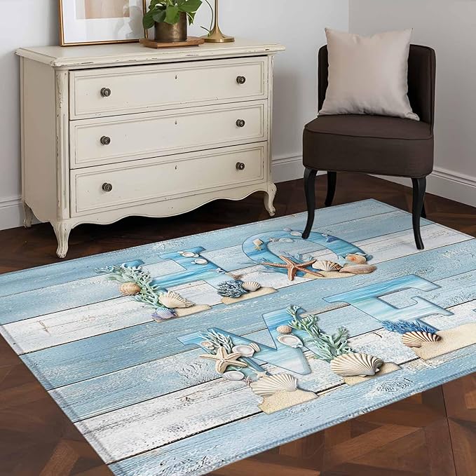Area Rug 4x6ft, Summer Ocean Beach Shell Home Quote Washable Rugs for Living Room Bedroom, Farm Blue Wood Board Soft Non-Slip Area Rugs Rectangle Floor Carpet for Dining Room