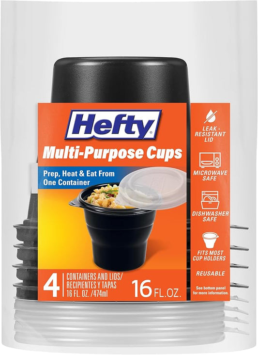 Hefty Multi-Purpose Cups, Reusable Containers with Lids, 16 Ounce Capacity, 4 Count