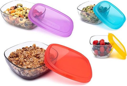 Libbey Serve It 8 Piece Glass Storage Container Set with 2 Cup, 6 Cup, 8 Cup, and 12.5 Cup Bowls and Multi Color Lids