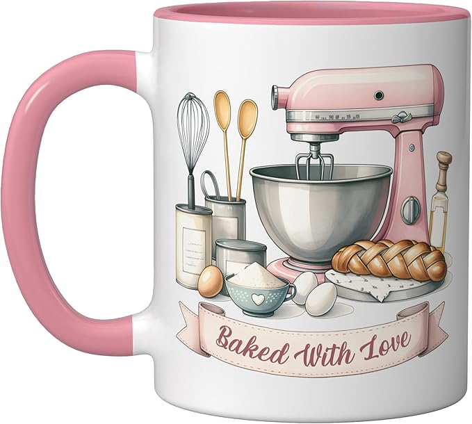 Baker Women Mom Wife Funny Baking Humor Bake Love Mama Girl Ceramic Mug, Pink/White