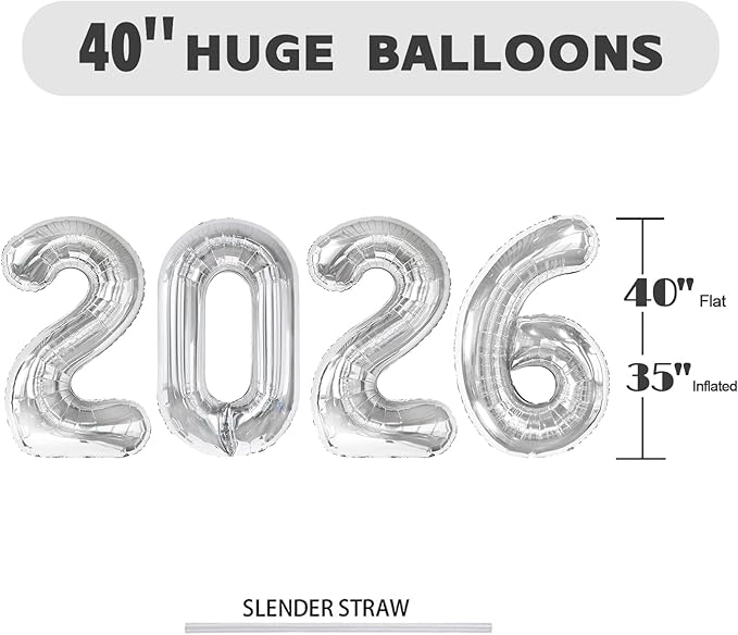 Silver 2026 Happy New Years Eve, 2026 Balloon Number for Party Decorations, Balloons Number 40 Inch for 20 26 Graduation Party Wedding Anniversaries Celebration