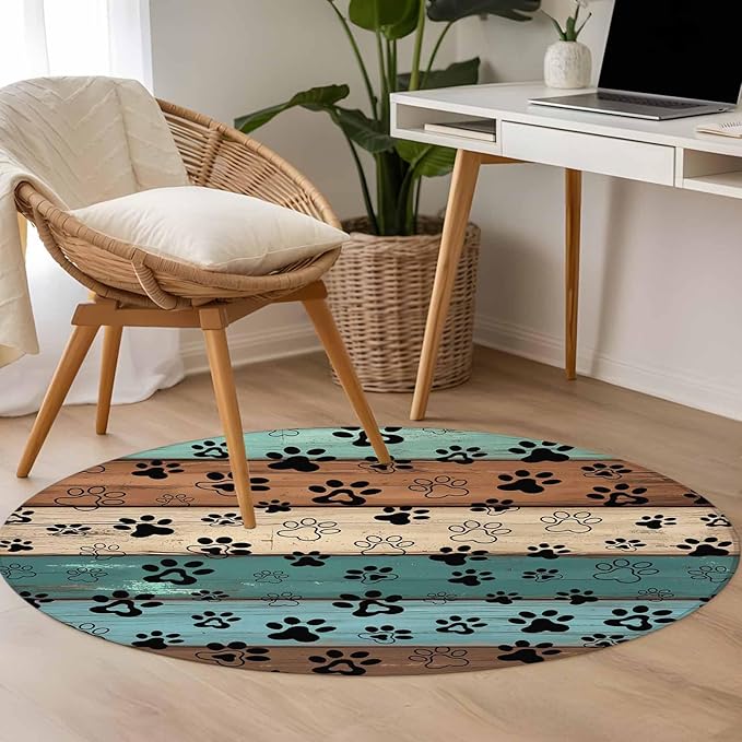 Washable Round Area Rug Farm Brown Wood Board Circle Rugs Floor Carpet for Living Room Bedroom, Dog Paw Print Animal Footprint Soft Non Slip Round Rug 3ft