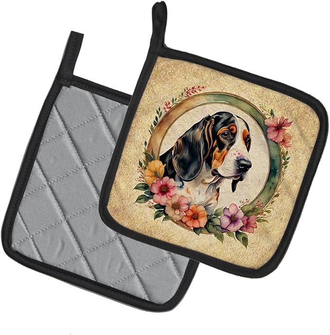Caroline's Treasures Basset Hound and Flowers Pair of Pot Holders Kitchen Heat Resistant Pot Holders Sets Oven Hot Pads for Cooking Baking BBQ, 7 1/2 x 7 1/2