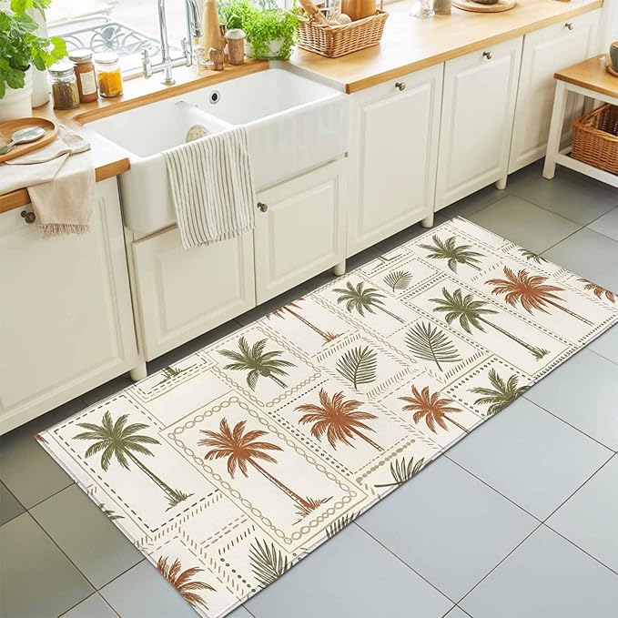 Runner Rug for Bedroom Hallway, Vintage Coconut Tree Palm Leaves Kitchen Runner Rugs Area Rug 2x6ft, Farm Tropical Plant on Beige Washable Soft Floor Carpet for Entryway Stair
