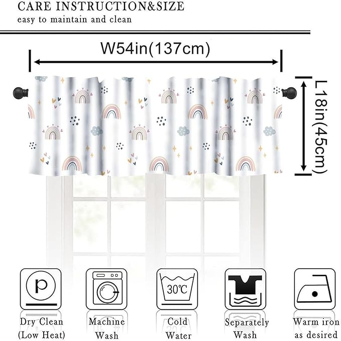 Kids Rainbow Valance Curtain, Cute Cartoon Boho Rainbow Heart Stars Window Treatment for Kitchen Bedroom Living Room Nursery, 54x18Inch