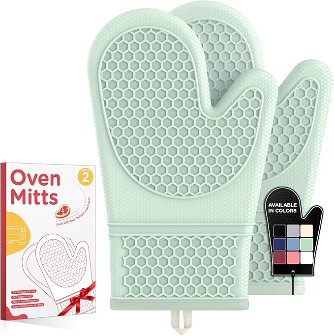 Kitsure Silicone Oven Mitts, Set of 2, Heat Resistant, Oven Gloves with Soft Lining, Non-Slip Kitchen Essentials, Kitchen Gadgets, Apartment Essentials, Great Gift for Cooking, Baking, Mint Green