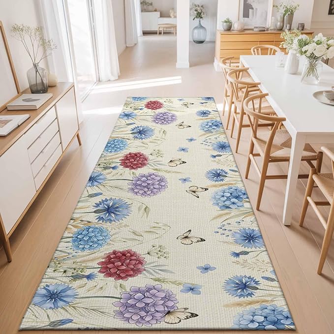 Runner Rug for Bedroom Hallway, Spring Watercolor Garden Flower Kitchen Runner Rugs Area Rug 2x6ft, Hydrangea Floral on Burlap Washable Soft Floor Carpet for Entryway Stair