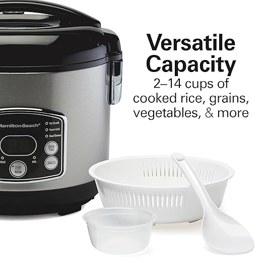 Hamilton Beach Digital Programmable Rice Cooker & Food Steamer, 14 Cups Cooked (7 Uncooked) With Steam & Rinse Basket, Stainless Steel (37548)