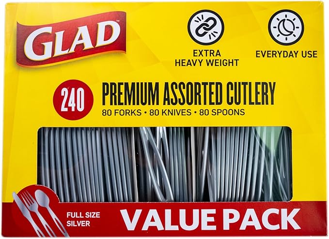 Glad Silver Disposable Cutlery Set with Heavy Duty Plastic Forks, Knives, and Spoons, Reusable Dishwasher Safe Plastic Utensils for Parties and Everyday Use, 240 Count