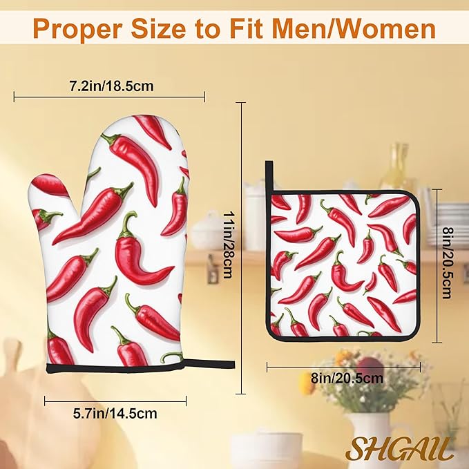 Red Pepper Pattern Oven Gloves and Hot Pads Set - Heatproof Hand Protection for Baking, Grilling, Cooking 4Pcs