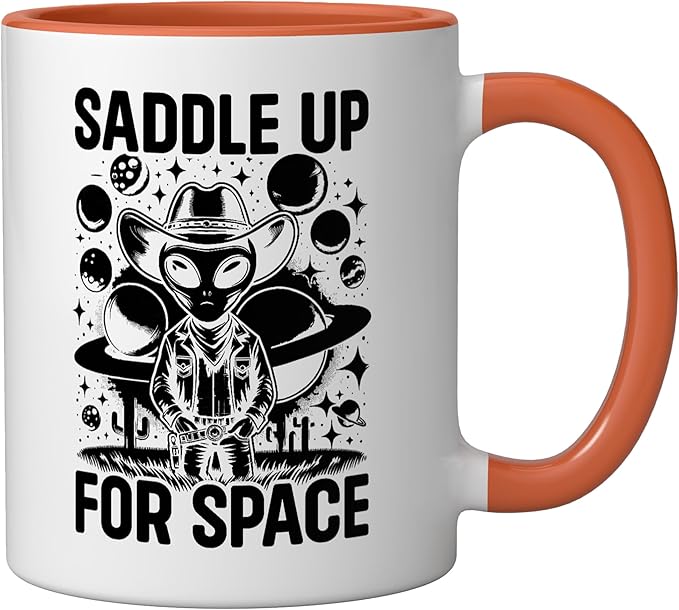 Alien Lover Flying Saucer UFO Extraterrestrial Cowboy Ceramic Mug, Orange/White