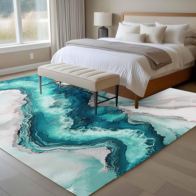 Area Rug 6x9ft, Abstract Blue Marble Texture Washable Rugs for Living Room Bedroom, Modern Luxury Pattern Soft Non-Slip Area Rugs Rectangle Floor Carpet for Dining Room