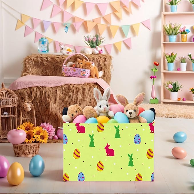 Kid Large Empty Easter Basket Gift Personalized Fabric Bunny Easter Basket for Boy and Girl Room Decor Storage Bin (Red Green Rabbit)
