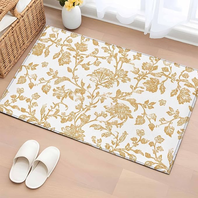 Area Rug 2x3ft, Vintage Farmhouse Flowers Pattern Washable Rugs for Living Room Bedroom, Yellow Floral Art Soft Non-Slip Area Rugs Rectangle Floor Carpet for Dining Room