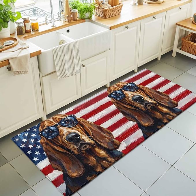 Runner Rug for Bedroom Hallway, Independence Day USA Flag Kitchen Runner Rugs Area Rug 2x6ft, Basset Hound Patriotic Sunglasses Washable Soft Floor Carpet for Entryway Stair