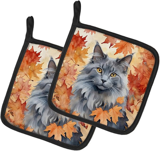 Caroline's Treasures Nebelung Cat in Fall Leaves Pair of Pot Holders Kitchen Heat Resistant Pot Holders Sets Oven Hot Pads for Cooking Baking BBQ, 7 1/2 x 7 1/2