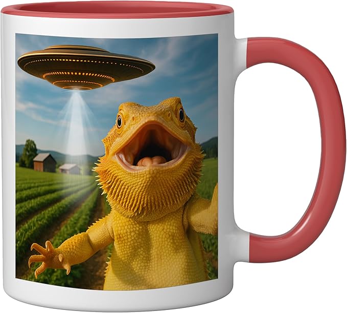 Funny Bearded Dragon Selfie with Alien UFO Ceramic Mug, Red/White