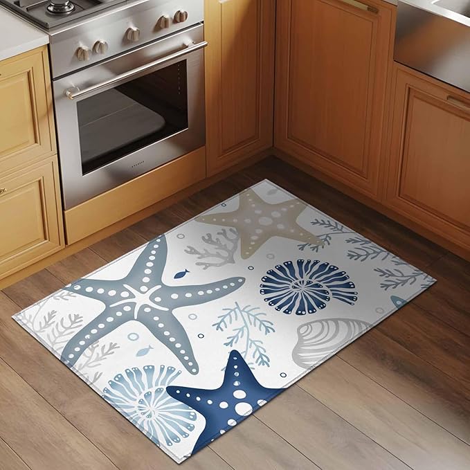 Area Rug 2x3ft, Ocean Starfish Shell Conch Washable Rugs for Living Room Bedroom, Sea Blue Coral Seamless Soft Non-Slip Area Rugs Rectangle Floor Carpet for Dining Room